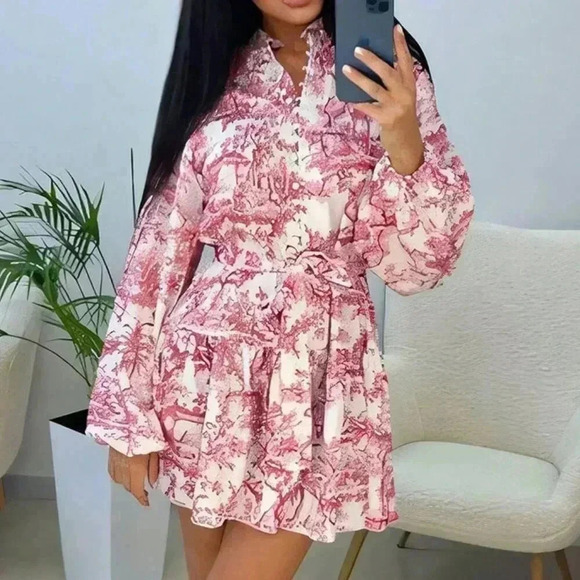 Red Boho Women's Elegant Random Print Long Sleeve Tie-Waist Loose Fit Midi Dress - Picture 1 of 7